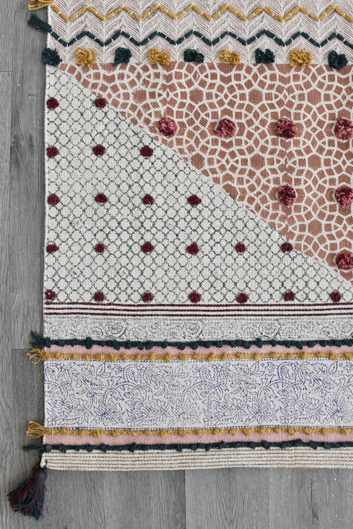 Block-printed cotton dhurrie rug in room setting — Art Avenue