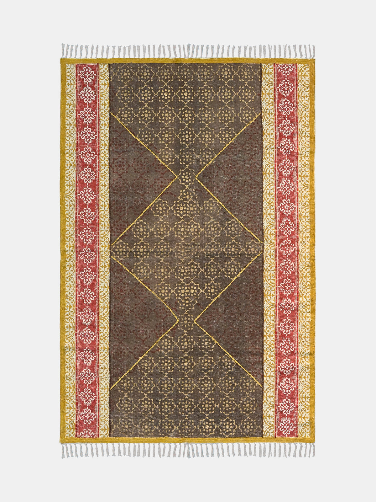Block-Printed Cotton Dhurrie Rug in Blue & Yellow Traditional — Art Avenue
