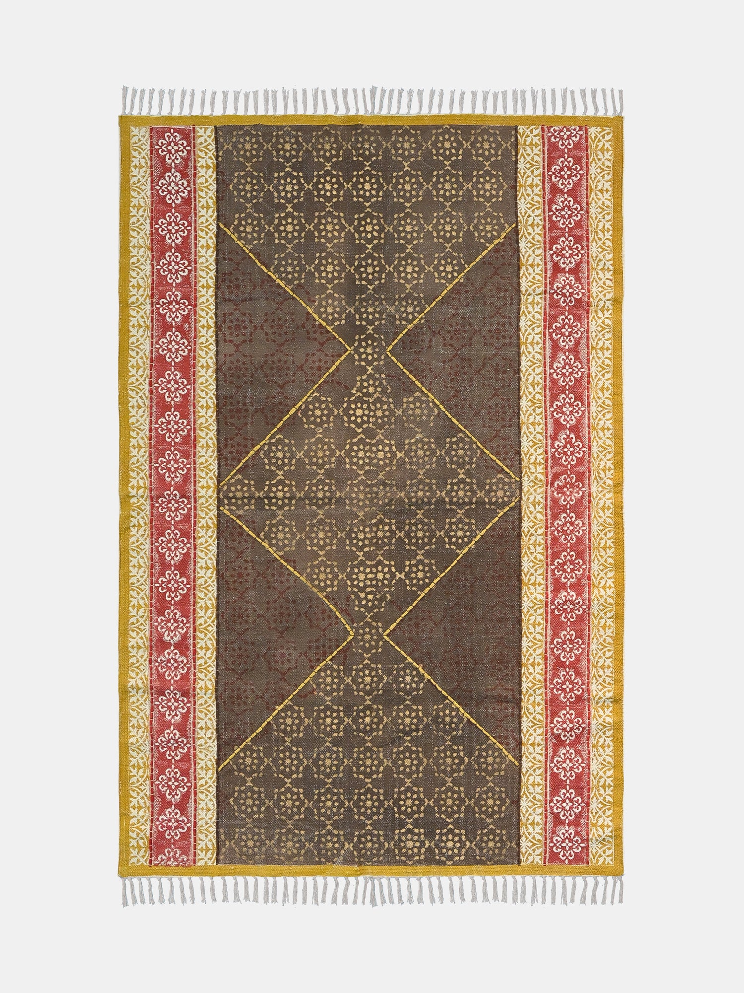 Block-Printed Cotton Dhurrie Rug in Blue & Yellow Traditional — Art Avenue