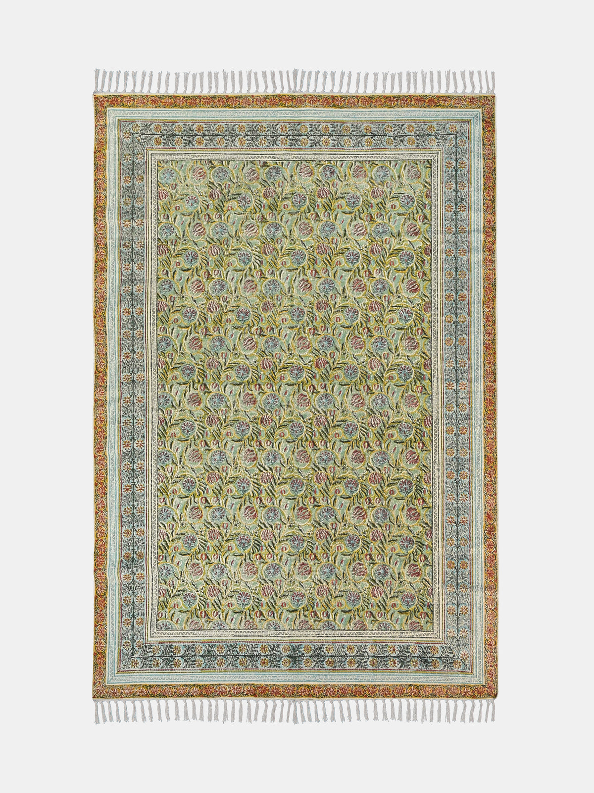 Block-Printed Cotton Dhurrie Rug in Blue & Yellow Traditional — Art Avenue