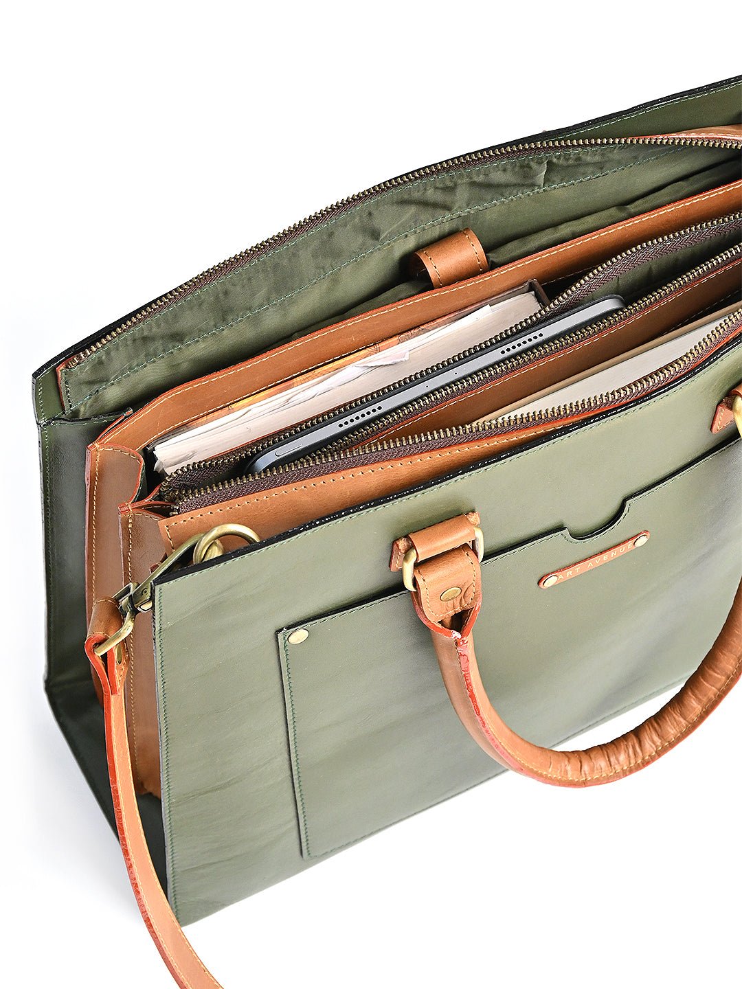 Olivia leather laptop bag exterior detail — Art Avenue