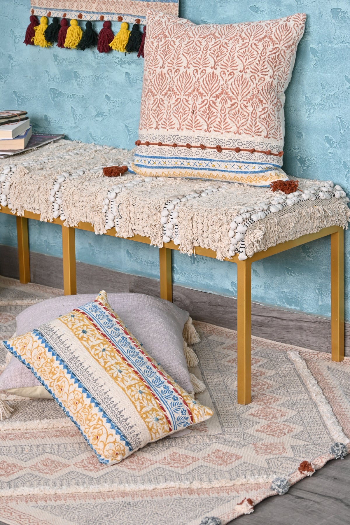 Misari Block-Printed Embroidered Lumbar Cushion Cover