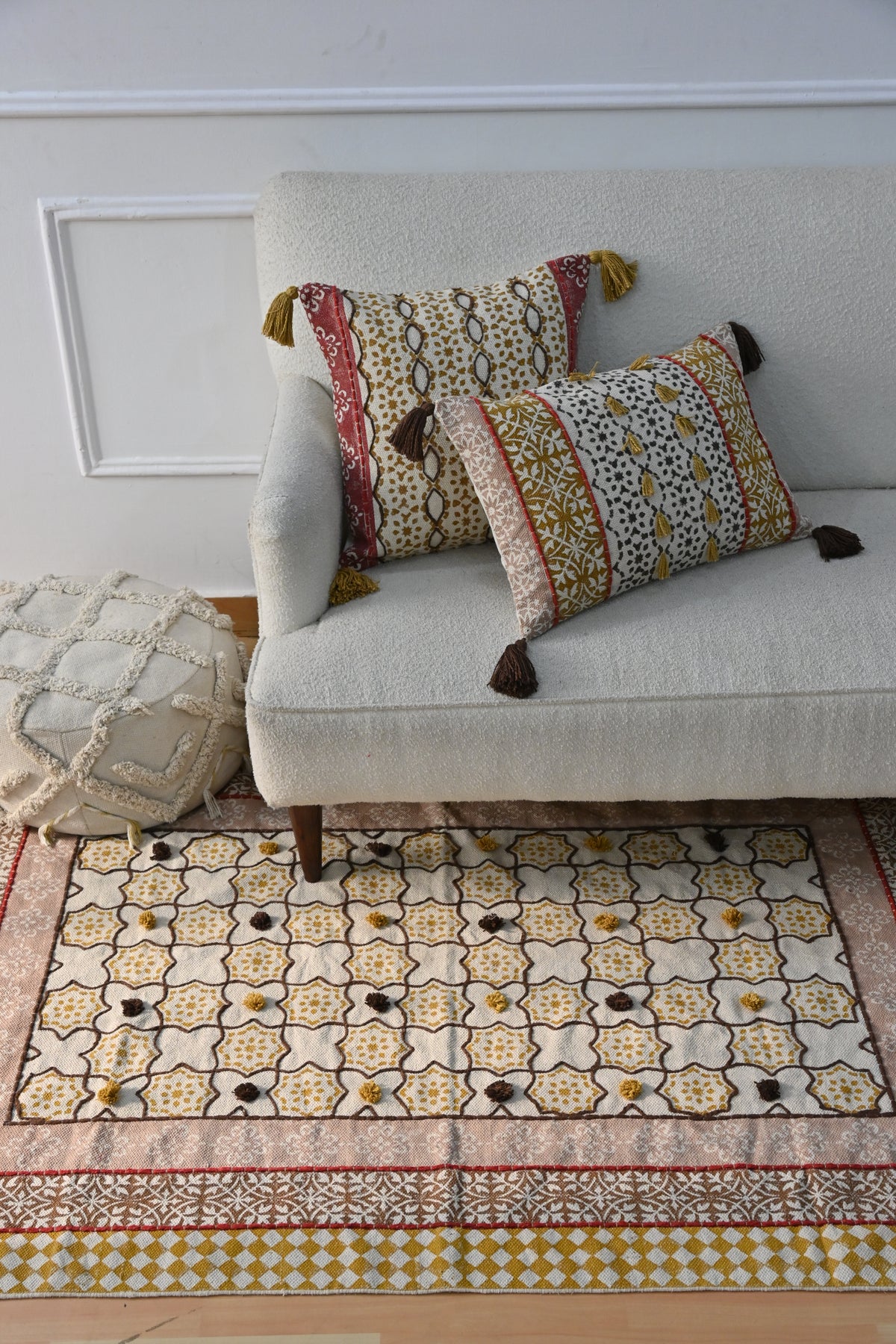 Block-printed cotton dhurrie rug styled in living room — Art Avenue