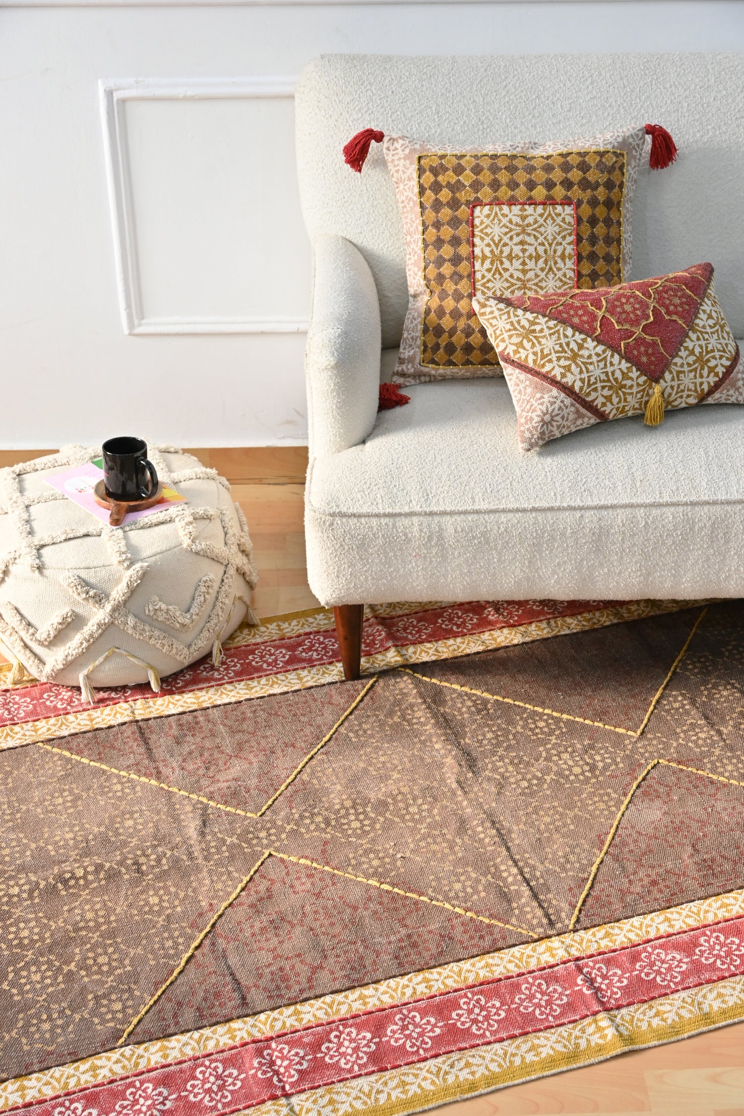 Block-printed cotton dhurrie rug in room setting — Art Avenue