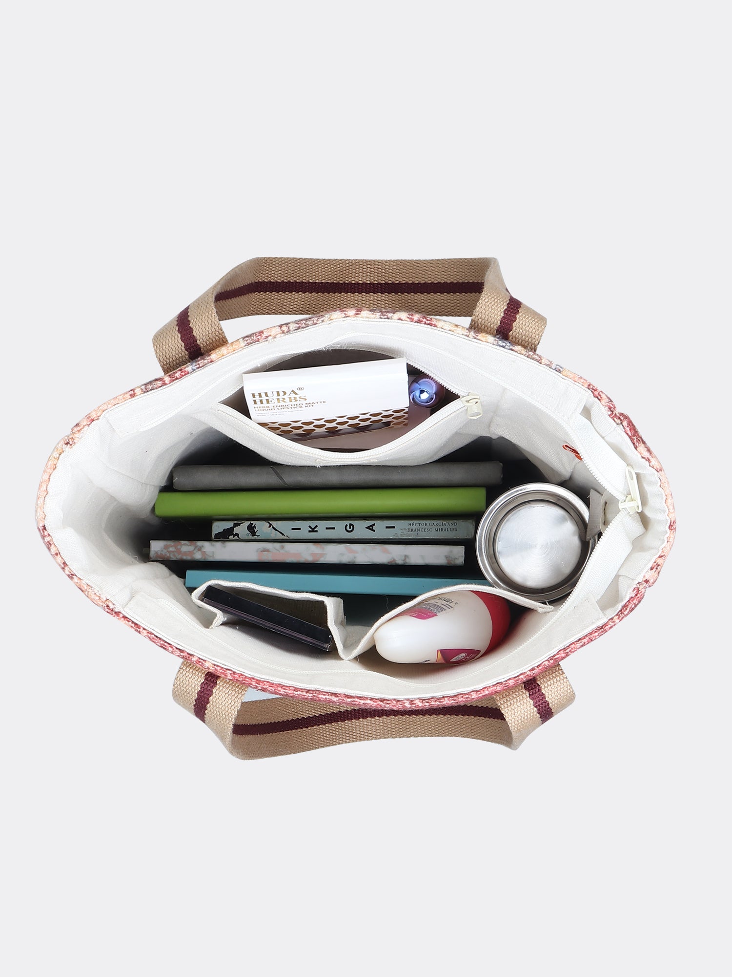 Vintessa block-printed embroidered tote bag flat lay — Art Avenue