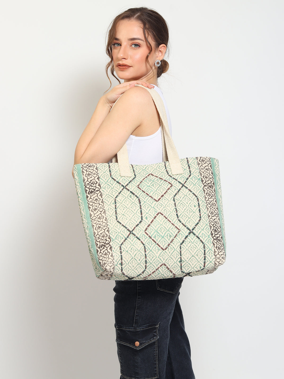 Flora block-printed tote bag, side view — Art Avenue
