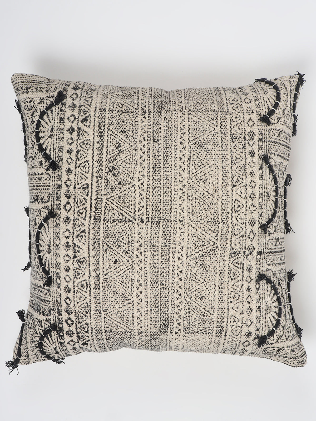 Charcoal Whimsical Block-Printed Square Cushion Cover