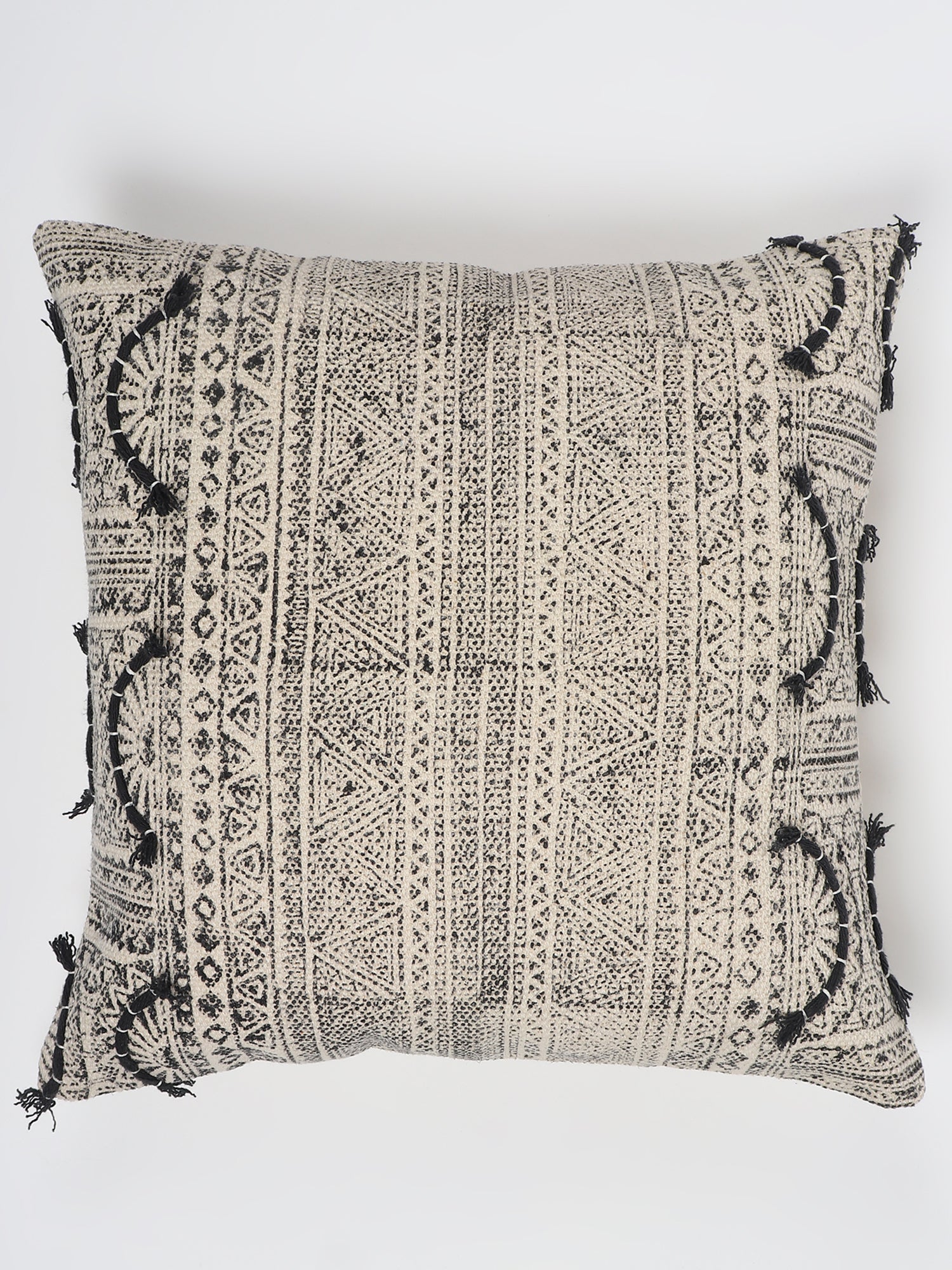 Charcoal Whimsical Block-Printed Square Cushion Cover