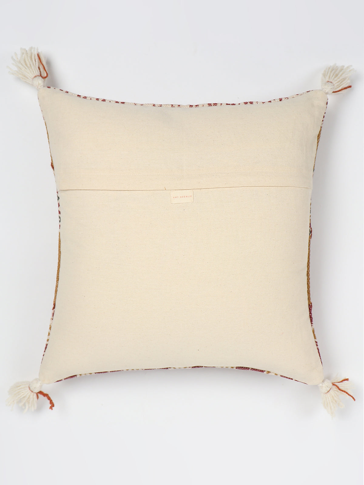 Border Block-Printed Embroidered Tassel Cushion Cover — Brown