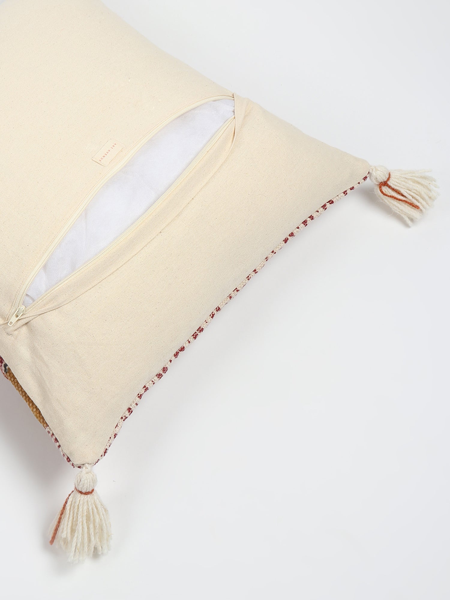 Border Block-Printed Embroidered Tassel Cushion Cover — Brown