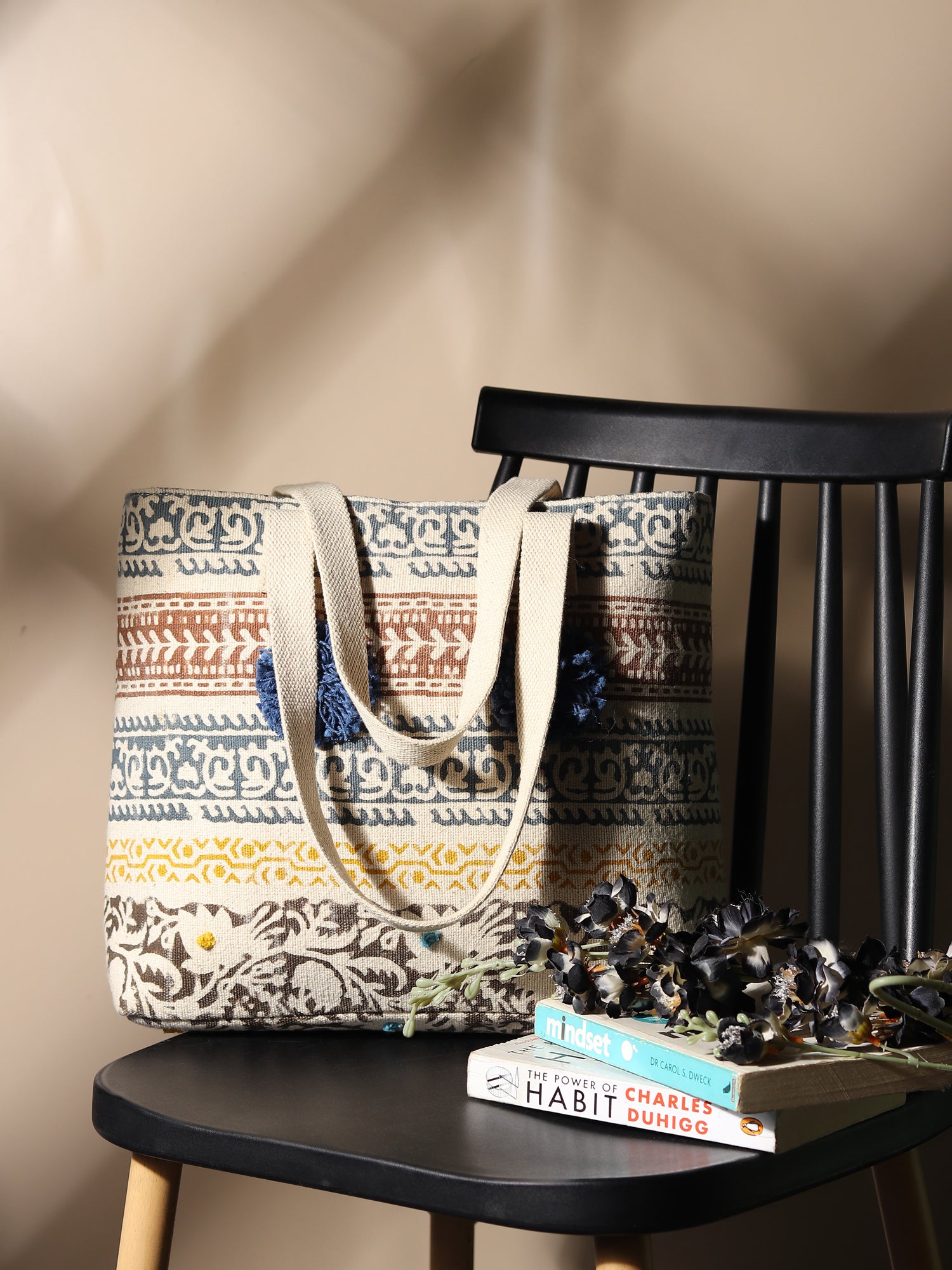 Giant block-printed tote bag, side view — Art Avenue