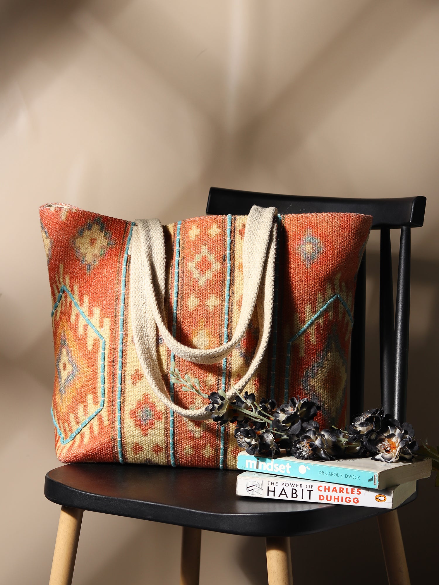 Fargo digital-printed tote bag on shoulder — Art Avenue