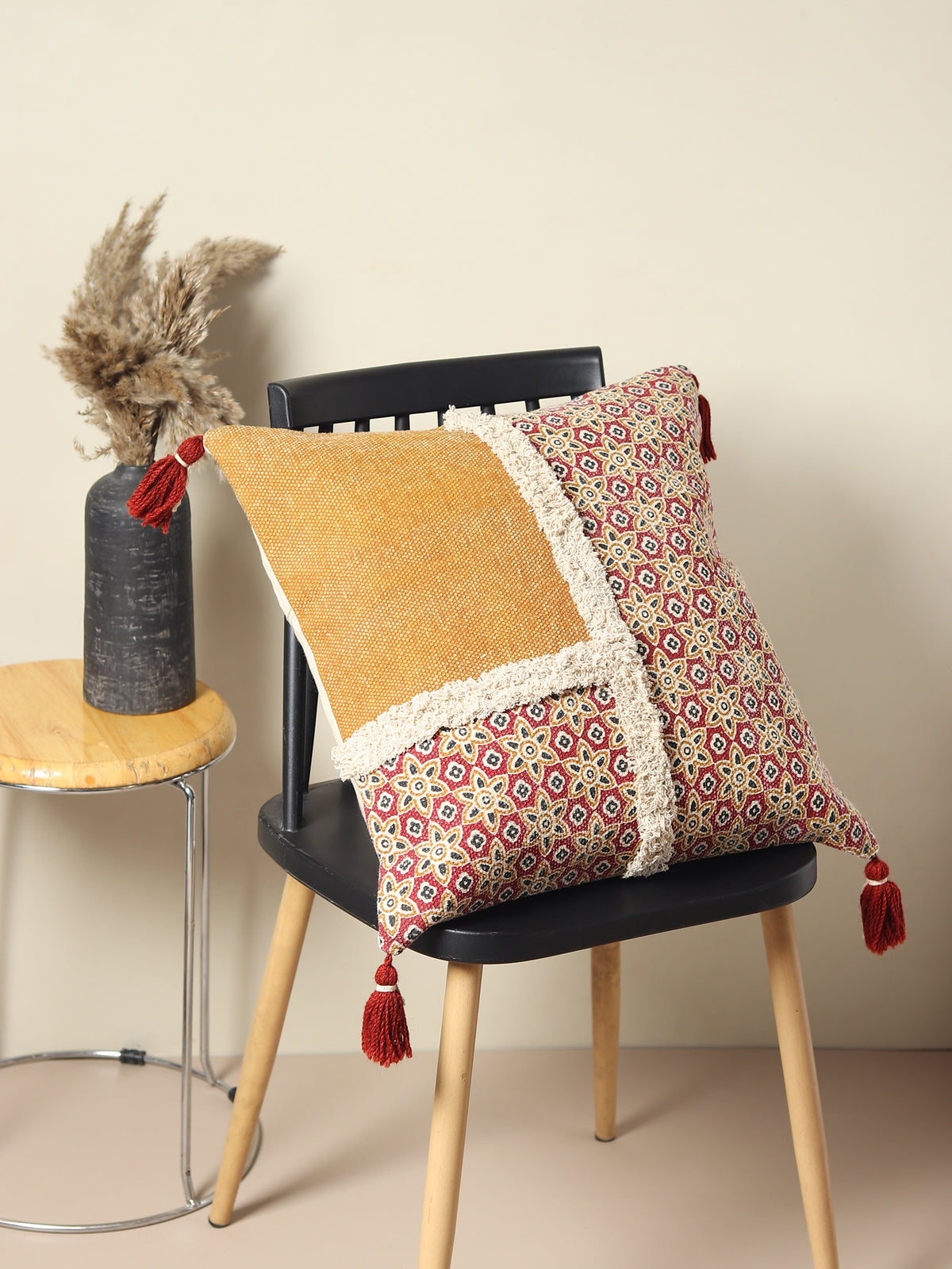 Rough Block-Printed Shaggy Square Cushion Cover — Maroon — Art Avenue