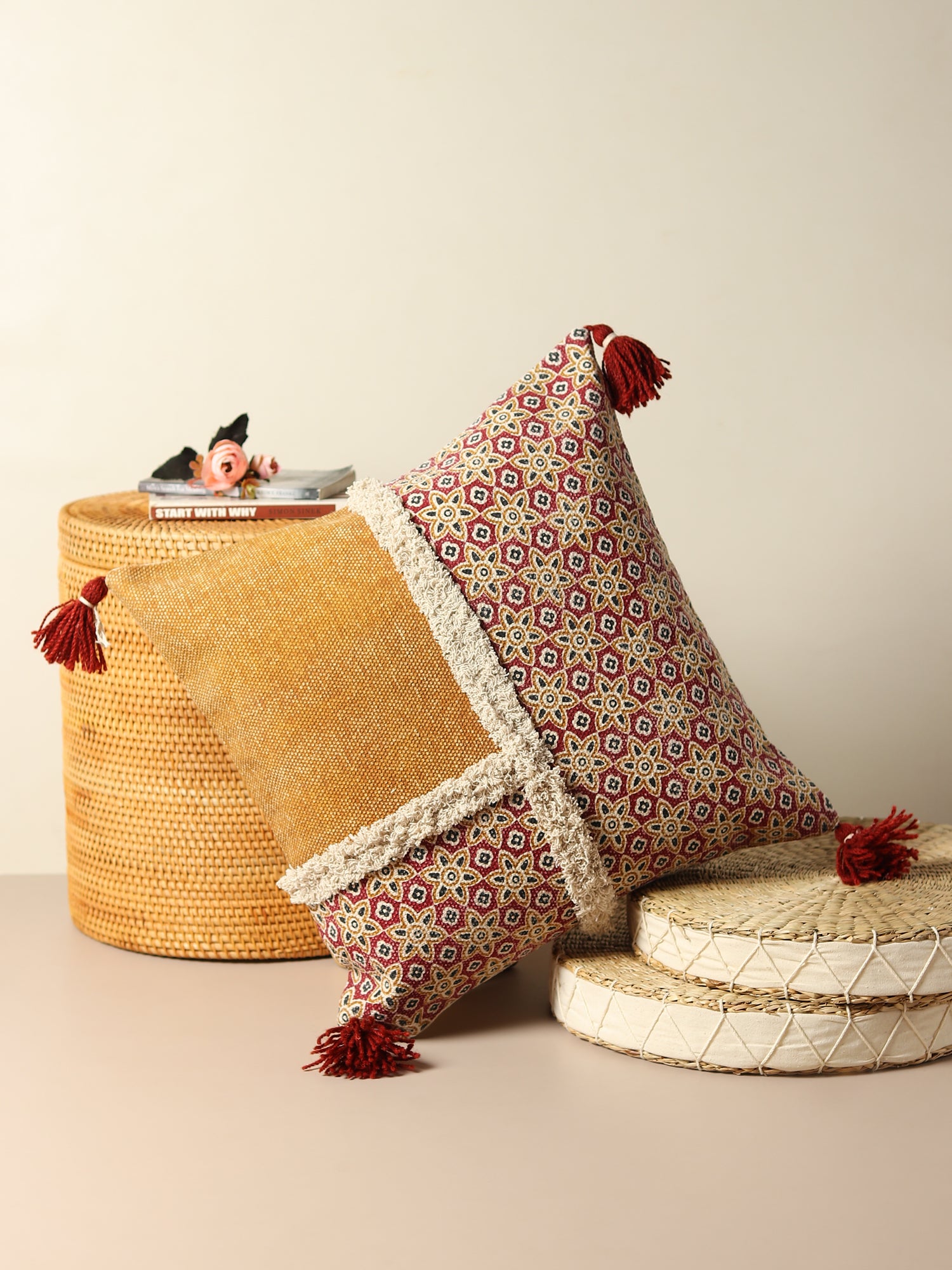 Block-printed shaggy square cushion on sofa — Art Avenue