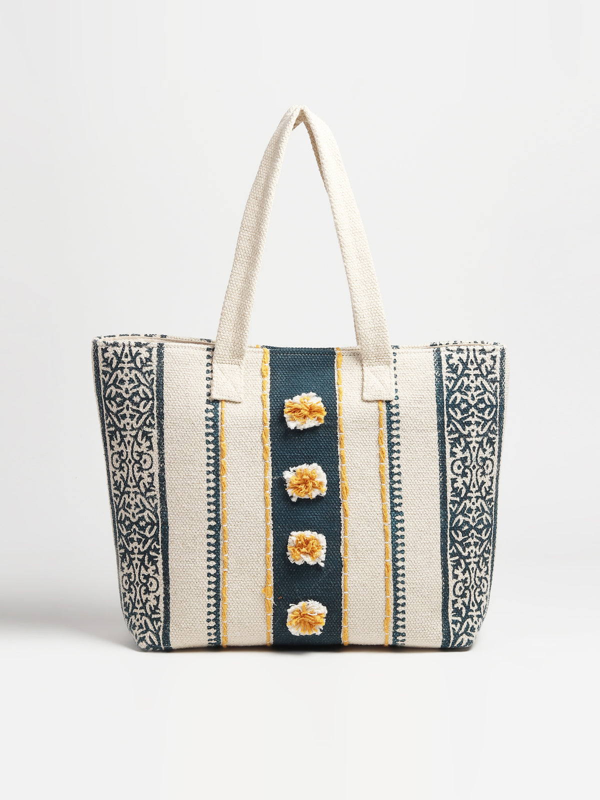 Brisk block-printed tote bag on shoulder — Art Avenue