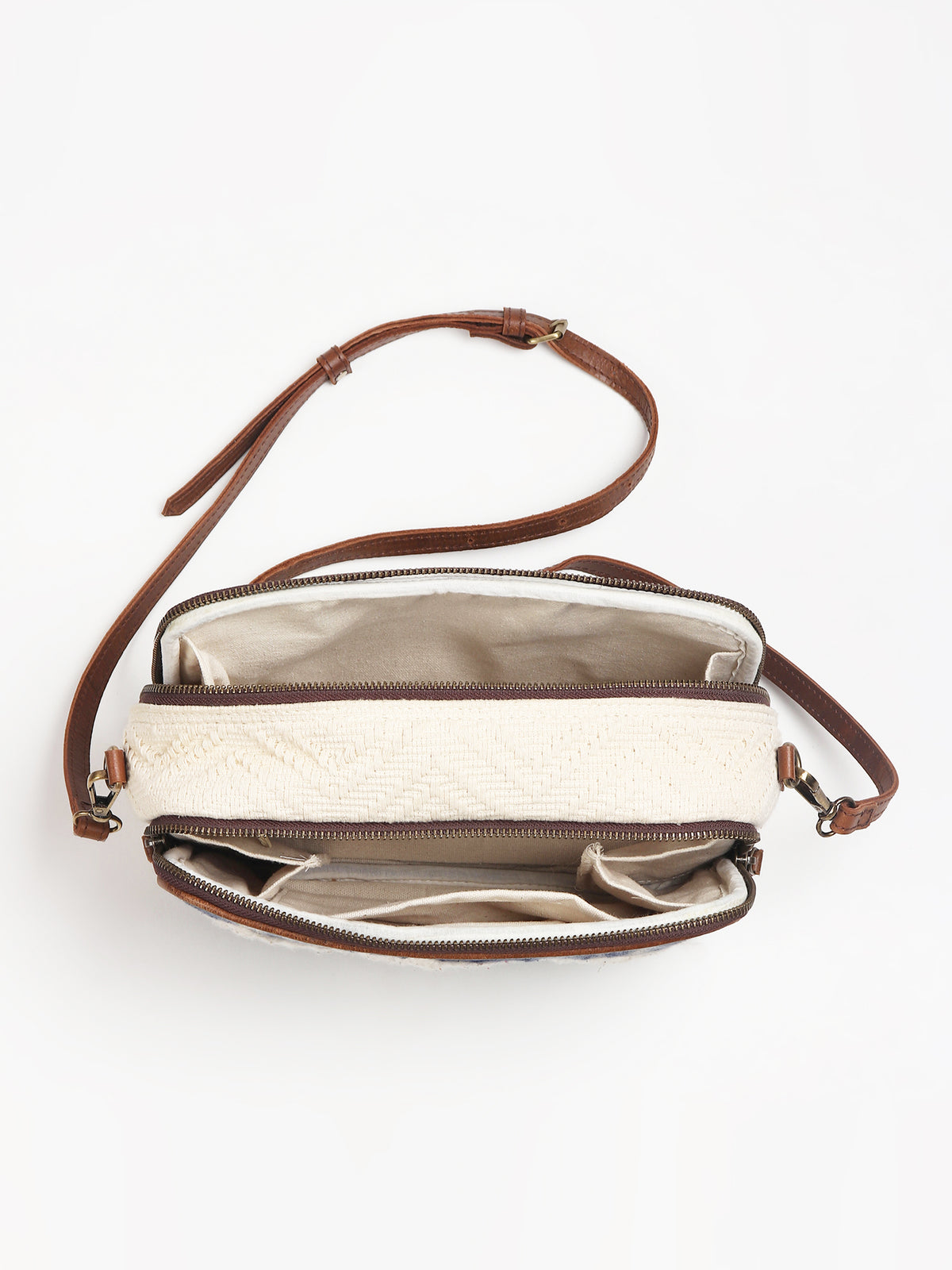 Luigina cotton and leather sling bag on model — Art Avenue