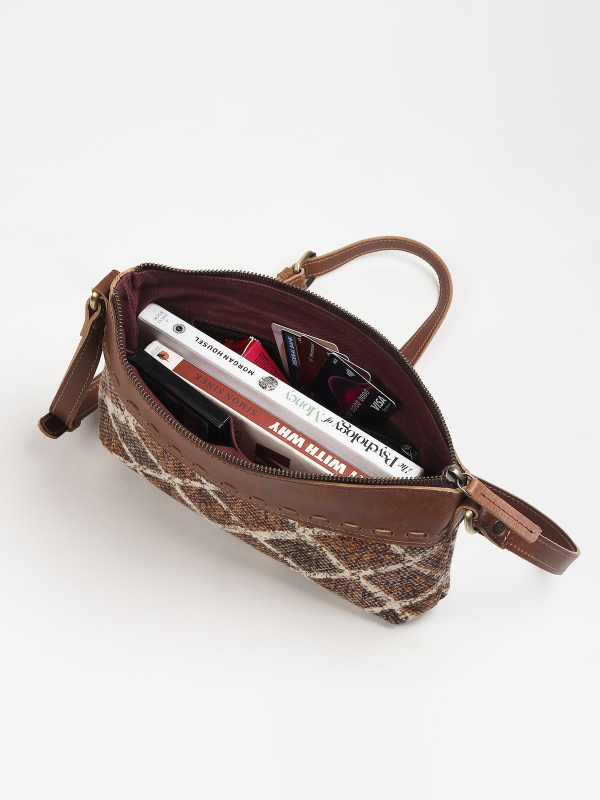 Allambee leather sling bag on model — Art Avenue