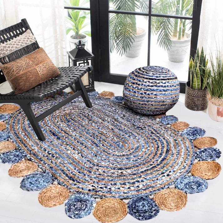 Civilian braided jute denim rug room setting — Art Avenue