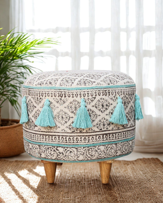 Kilim-Upholstered Cylindrical Ottoman in Aqua — Art Avenue