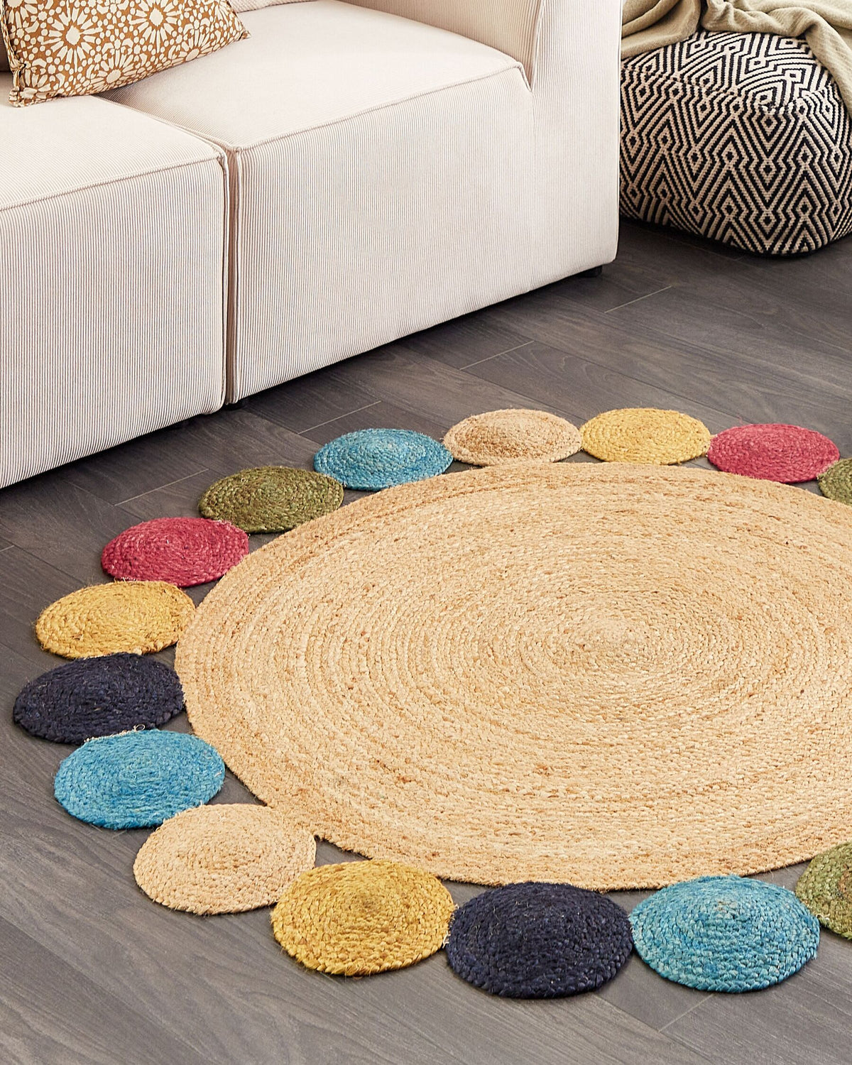Duster round braided jute rug — multicolour accents on natural jute