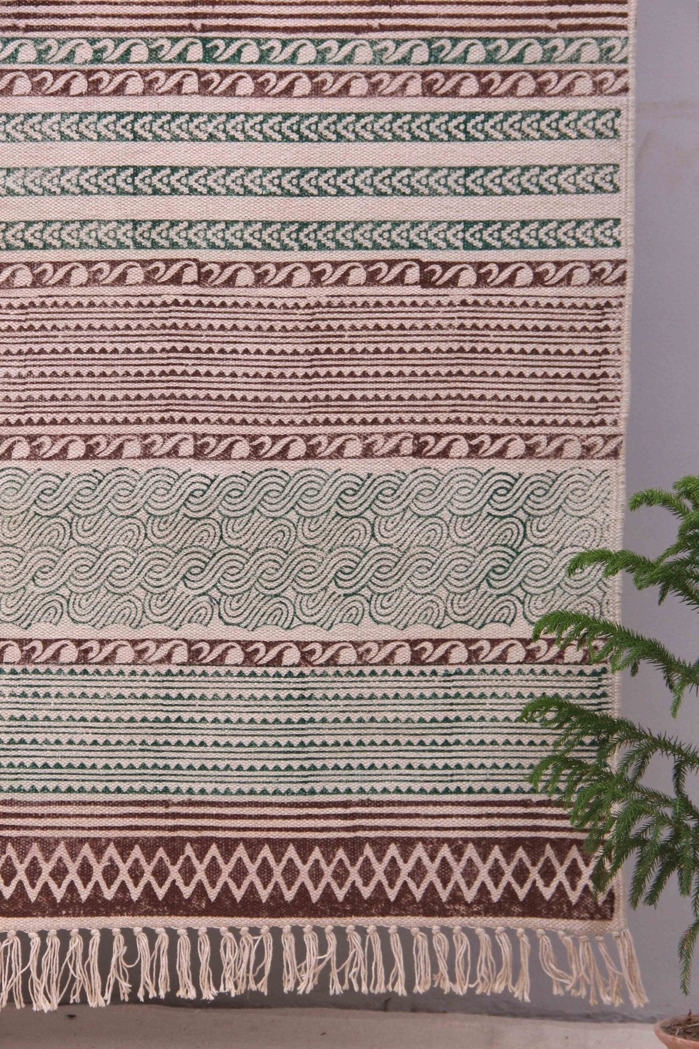 Block-printed cotton dhurrie rug in room setting — Art Avenue
