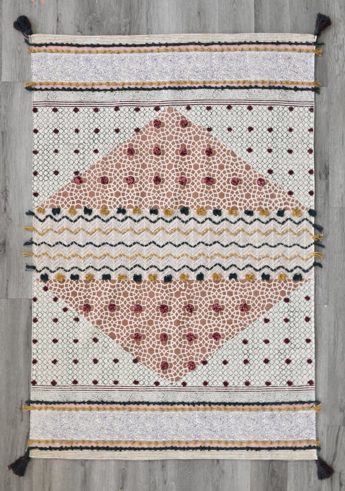 Block-Printed Cotton Dhurrie Rug in Pink Modern — Art Avenue