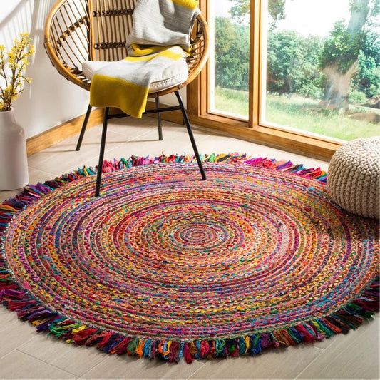 Out round braided jute rug — handmade in Jaipur