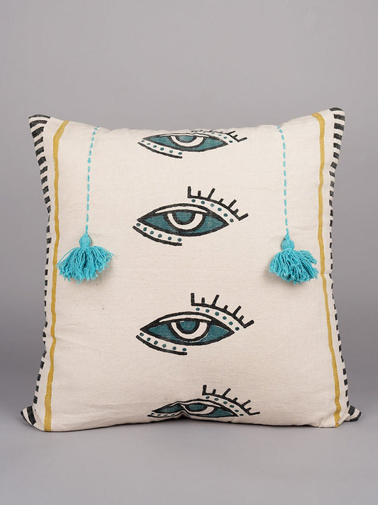 MYSTICAL GAZE & TASSEL - BLOCK PRINTED SQAURE CUSHION COVER - ART AVENUE