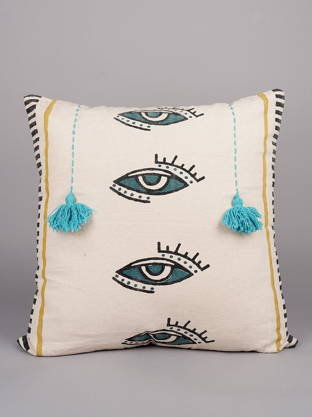 MYSTICAL GAZE & TASSEL - BLOCK PRINTED SQAURE CUSHION COVER - ART AVENUE