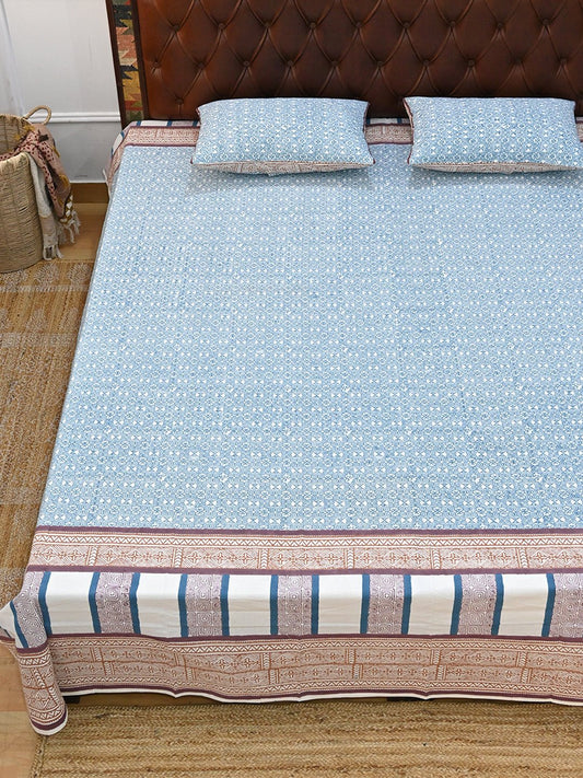 SPIRAL SEA BLUE COTTON BLOCK PRINTED DOUBLE BEDSHEET WITH PILLOW - ART AVENUE