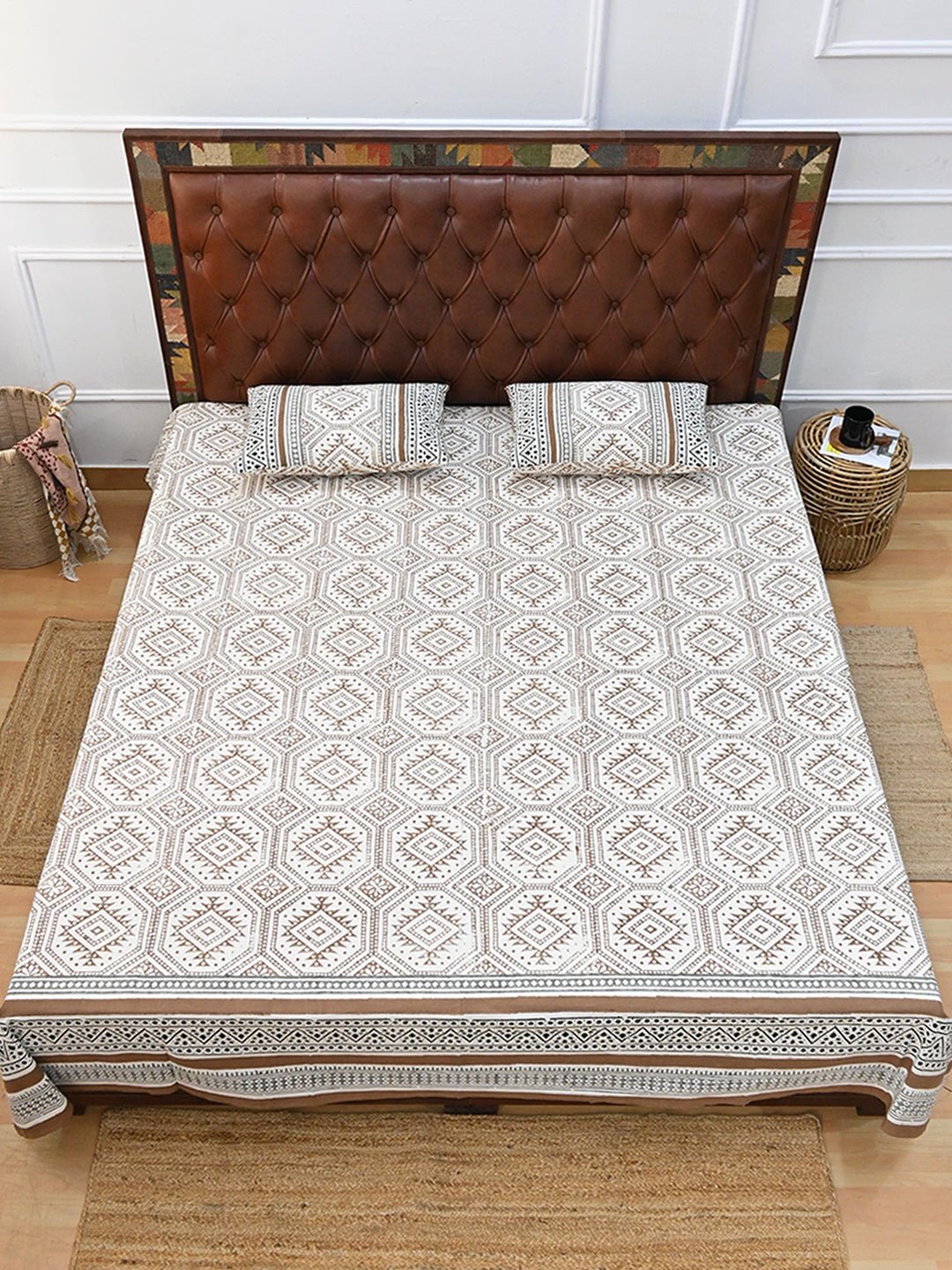 GEOMETRIC BROWN COTTON PRINTED DOUBLE BEDSHEET WITH PILLOW - ART AVENUE