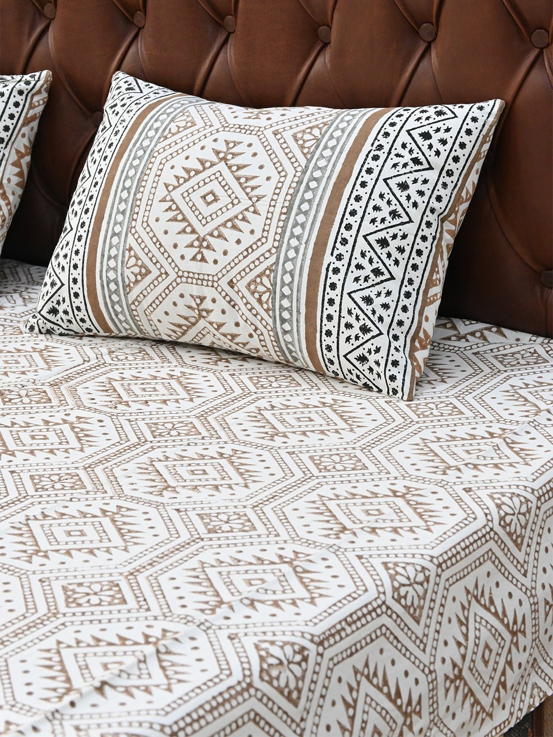 GEOMETRIC BROWN COTTON PRINTED DOUBLE BEDSHEET WITH PILLOW - ART AVENUE