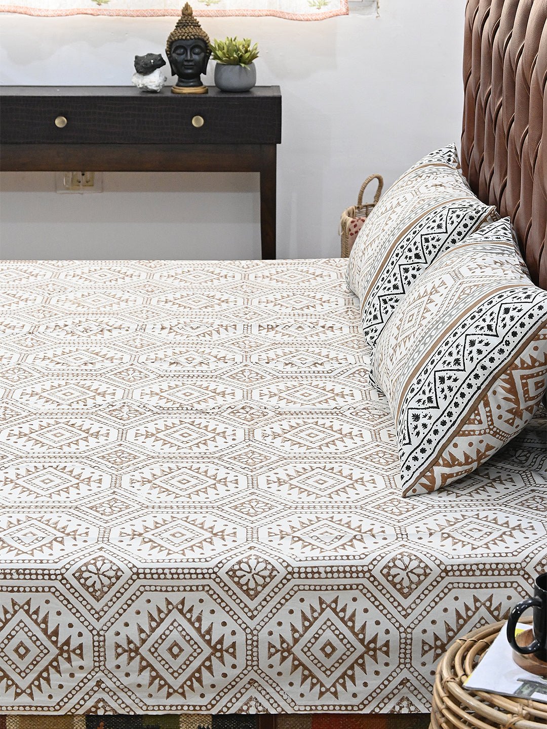 GEOMETRIC BROWN COTTON PRINTED DOUBLE BEDSHEET WITH PILLOW - ART AVENUE