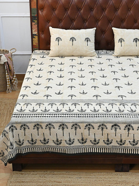 BLACK PALM TREE COTTON PRINTED DOUBLE BEDSHEET WITH PILLOW - ART AVENUE