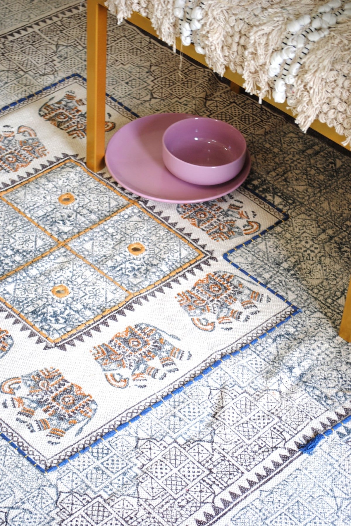 Block-printed cotton dhurrie rug in room setting — Art Avenue