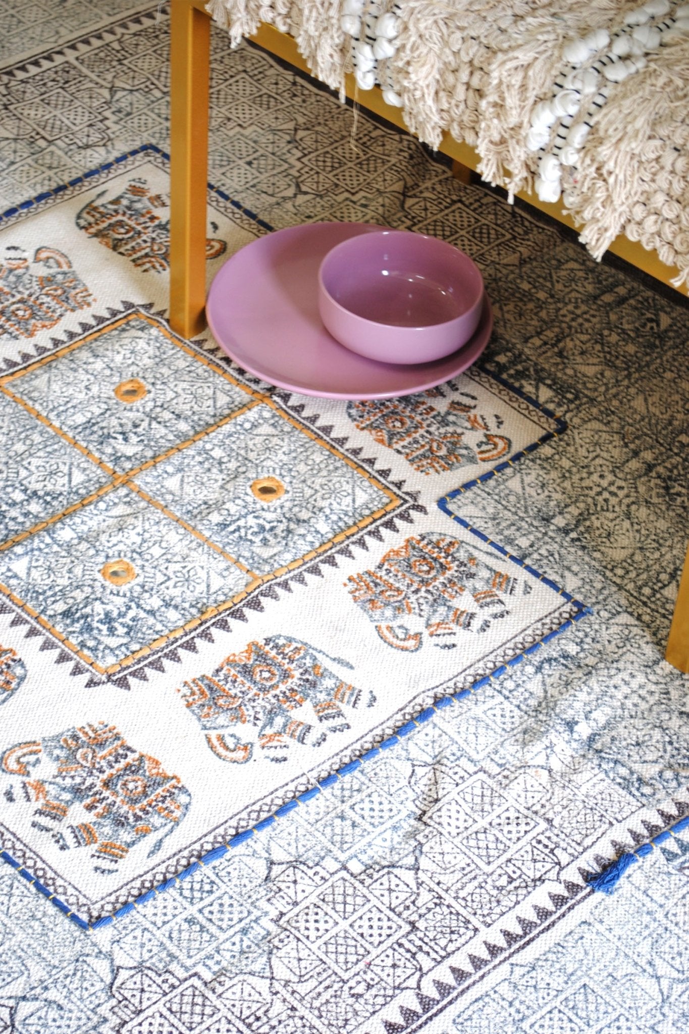 Block-printed cotton dhurrie rug in room setting — Art Avenue