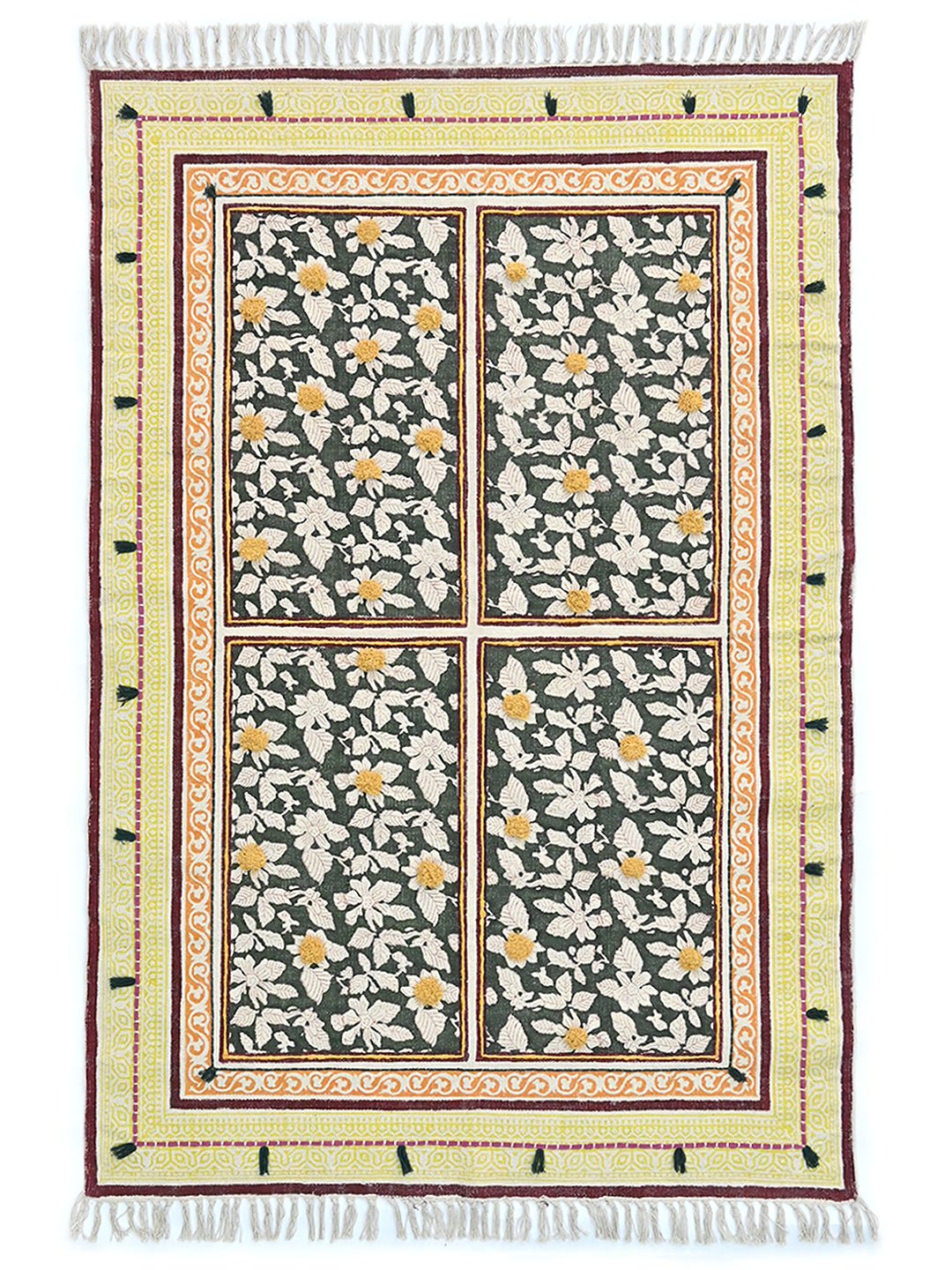 Block-Printed Cotton Dhurrie Rug in Blue, Green & Grey Floral — Art Avenue
