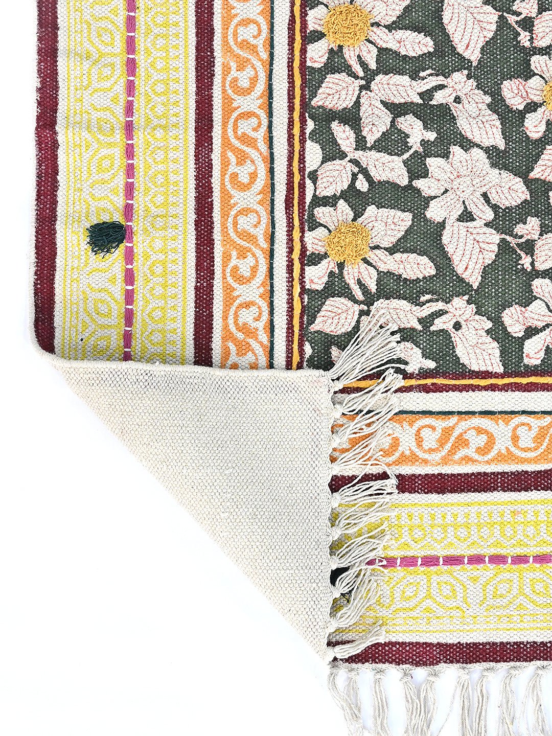 Millen Block-Printed Cotton Dhurrie Rug in Blue & Green — Art Avenue