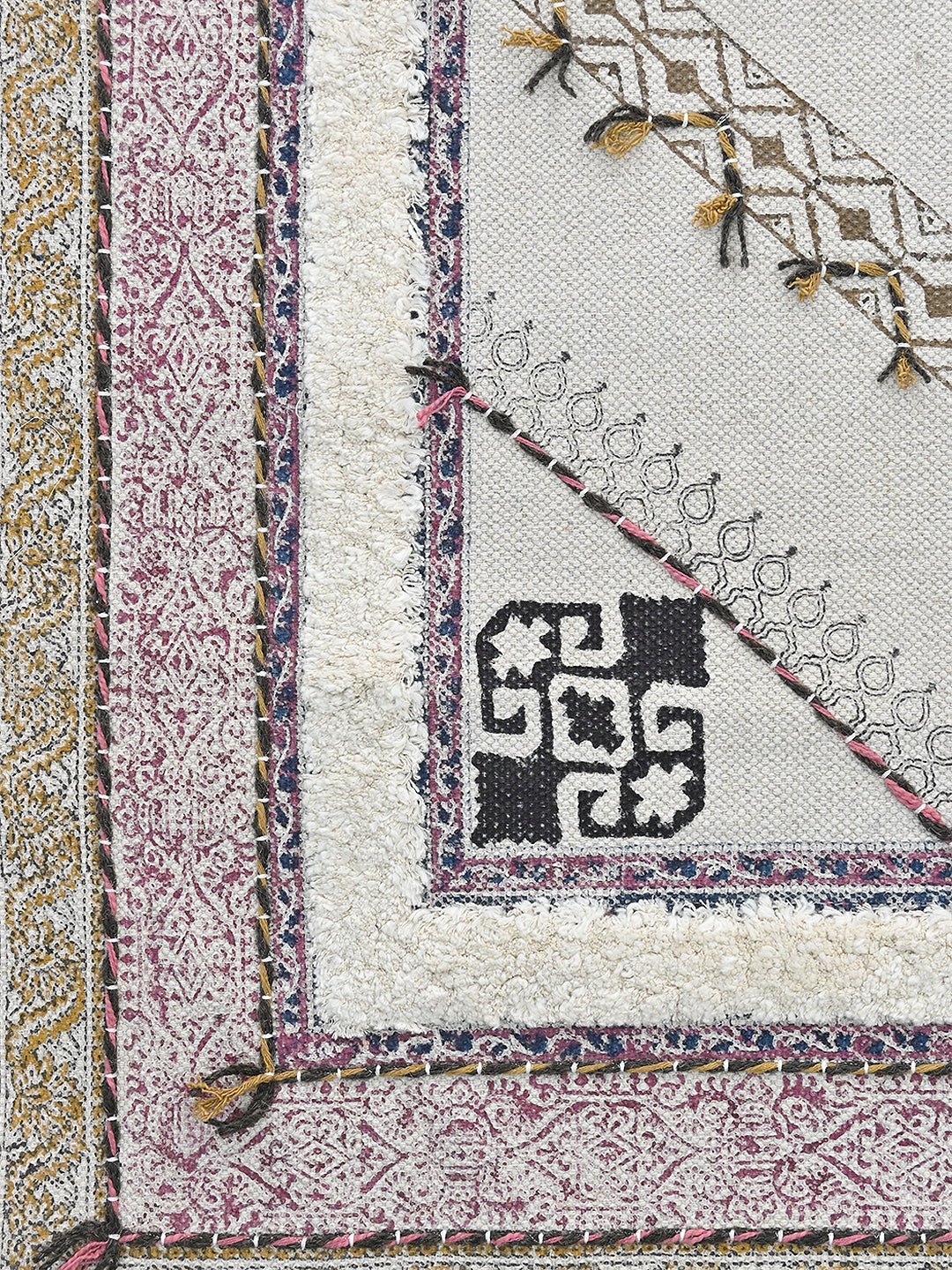 Detail of floral block-print on cotton dhurrie rug — Art Avenue