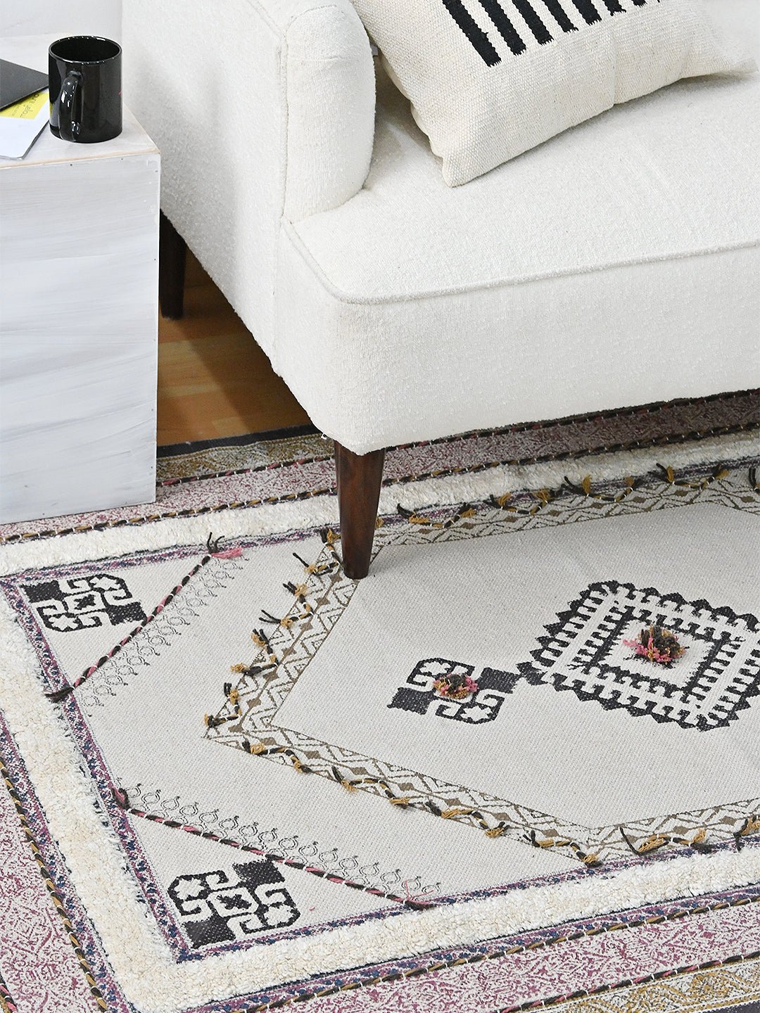 Block-printed cotton dhurrie rug styled in living room — Art Avenue