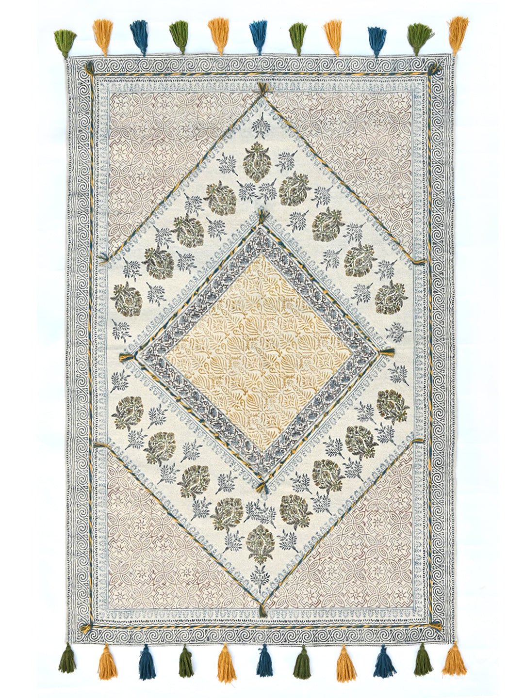 Block-Printed Cotton Dhurrie Rug in Blue, Green & Grey Floral — Art Avenue