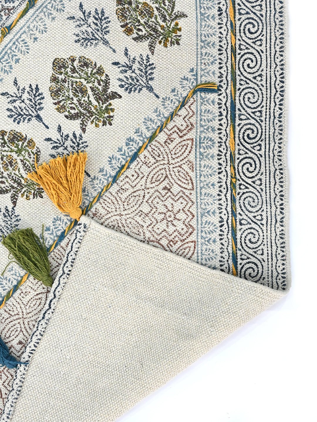 Detail of floral block-print on cotton dhurrie rug — Art Avenue