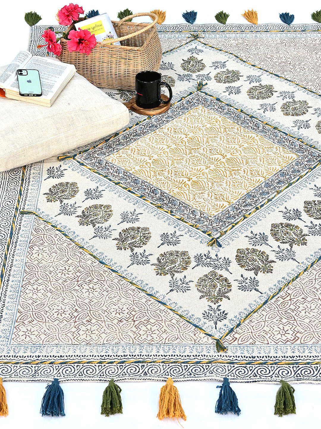 Block-printed cotton dhurrie rug styled in living room — Art Avenue