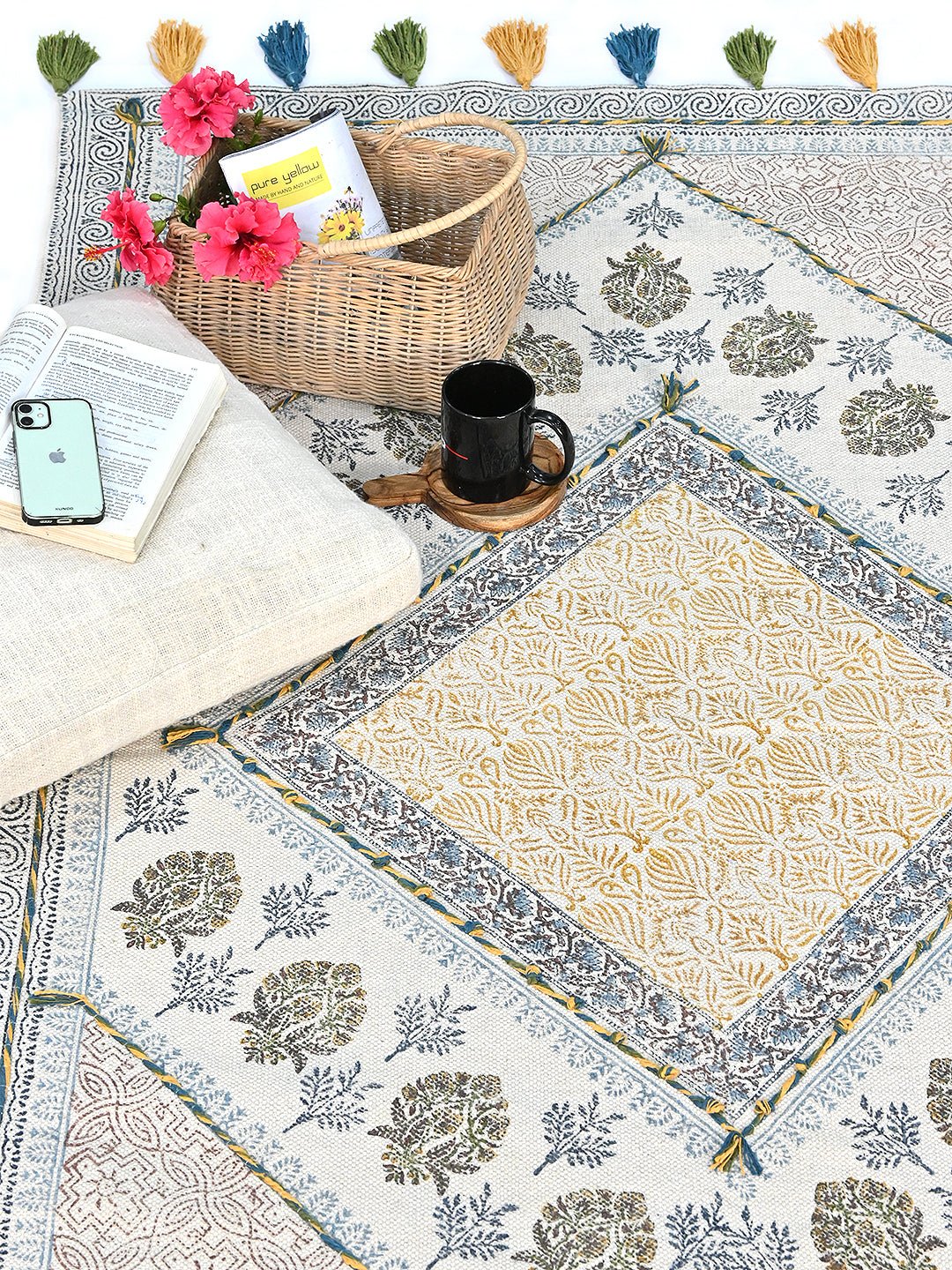 Jendueki Block-Printed Cotton Dhurrie Rug in Blue & Green — Art Avenue