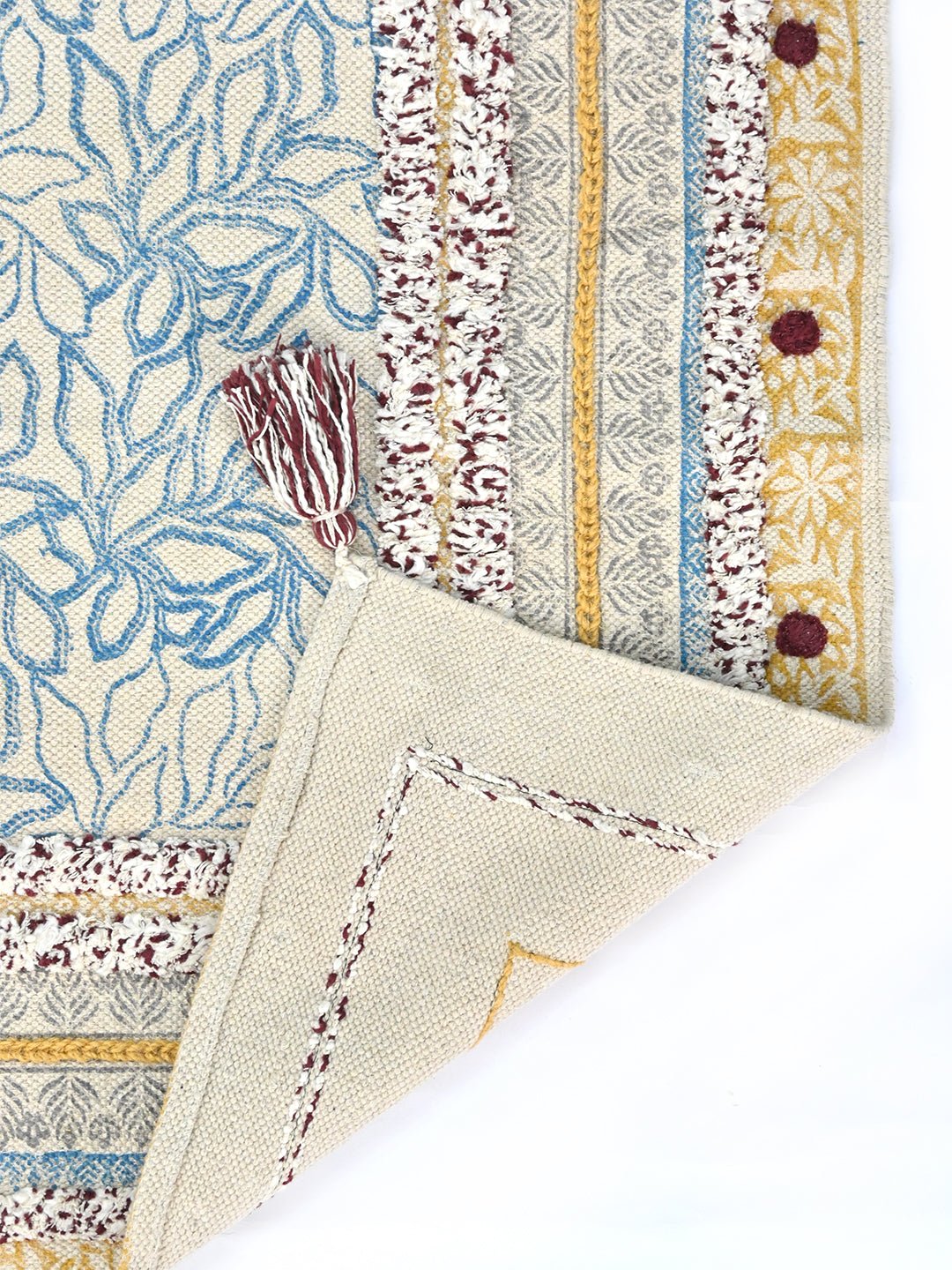 Carnation Block-Printed Cotton Dhurrie Rug in Blue & Green — Art Avenue