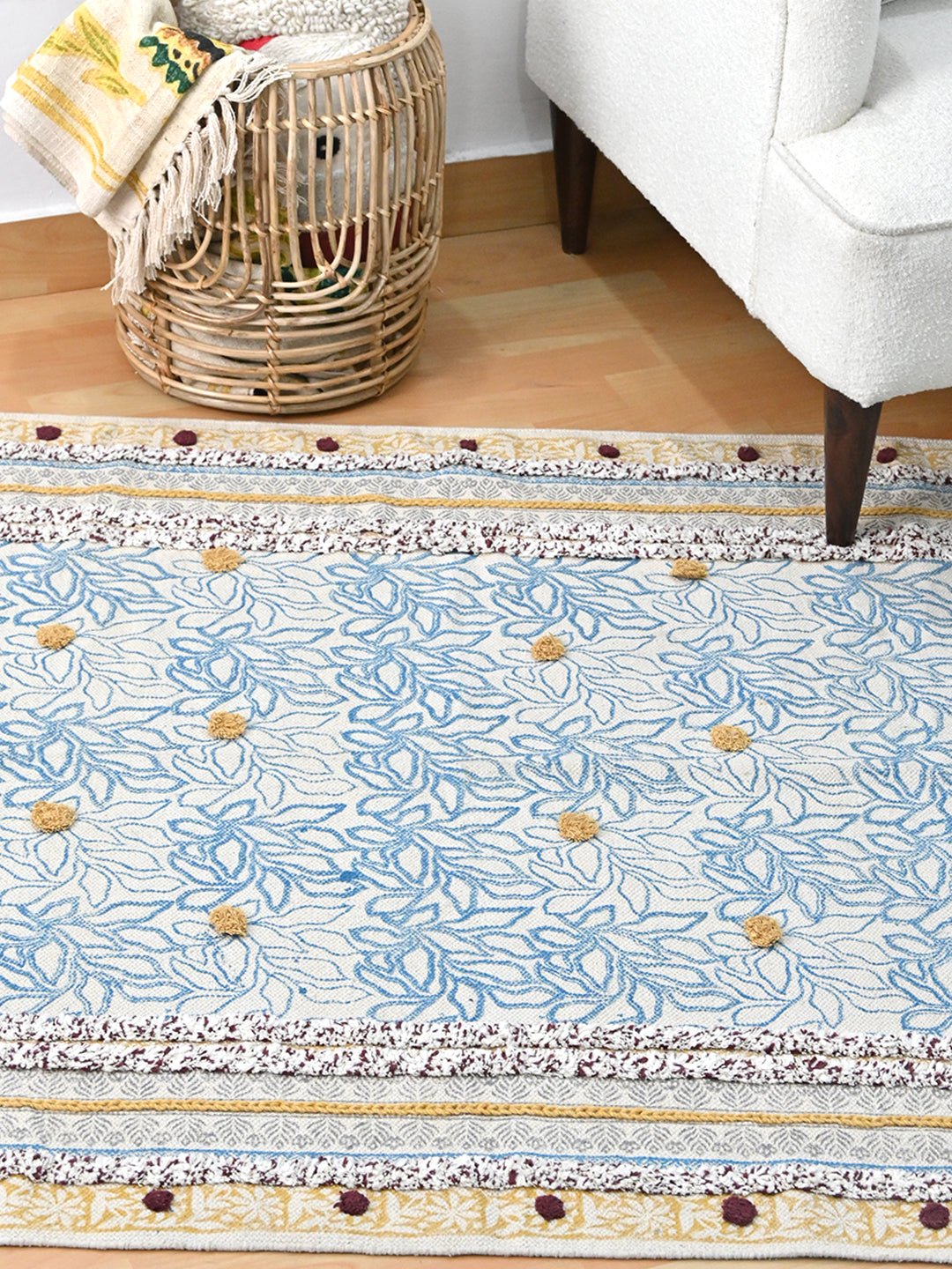 Detail of floral block-print on cotton dhurrie rug — Art Avenue