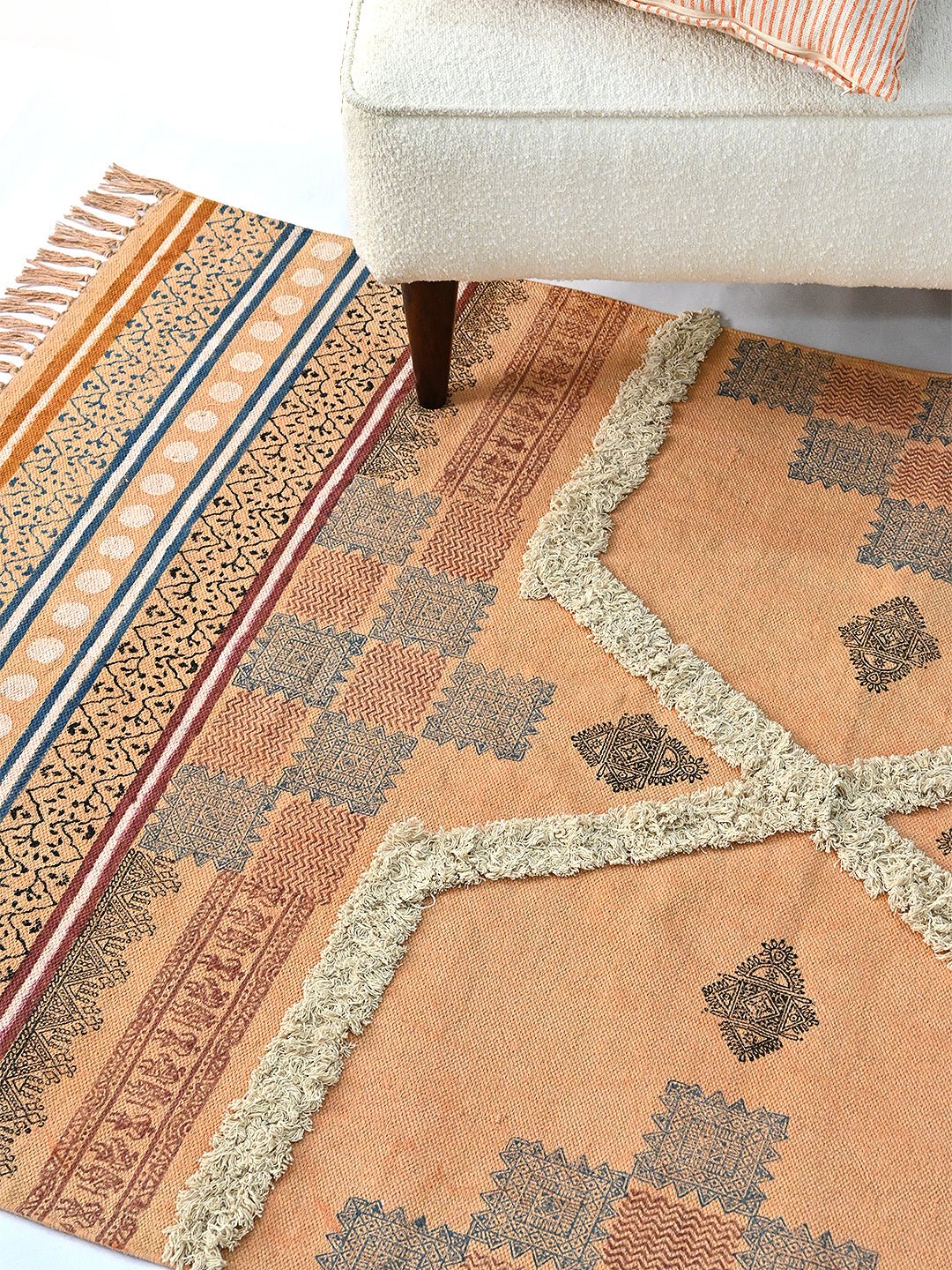 Block-printed dhurrie rug styled in living room — Art Avenue