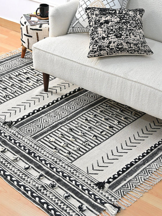 Block-Printed Cotton Dhurrie Rug in Traditional Pattern — Art Avenue