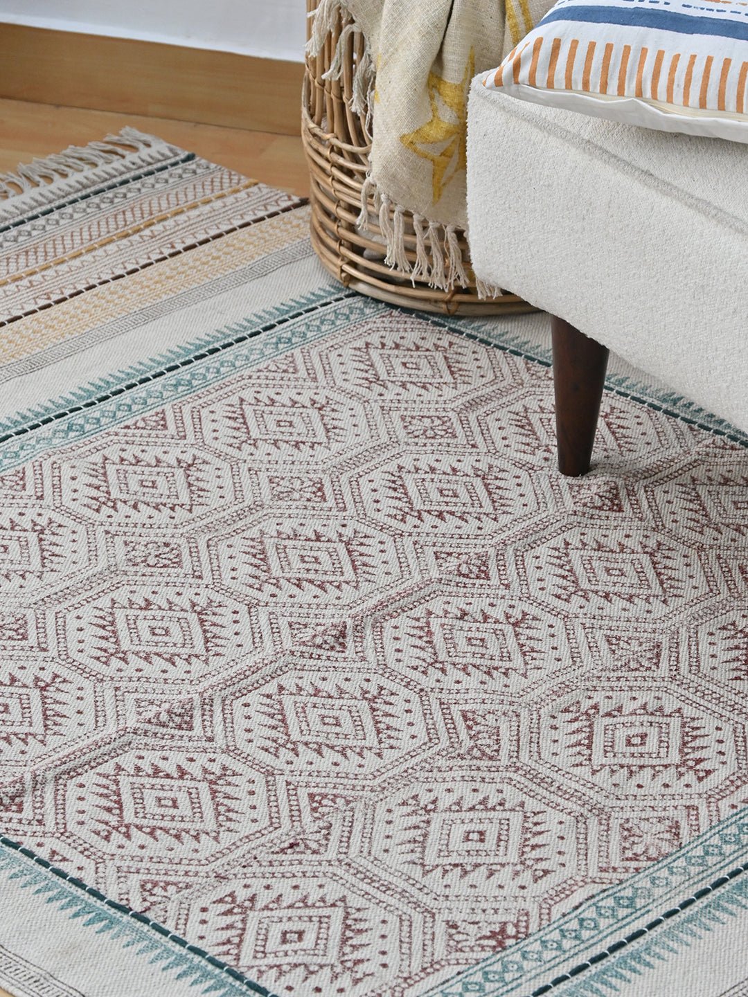 Block-printed dhurrie rug styled in living room — Art Avenue