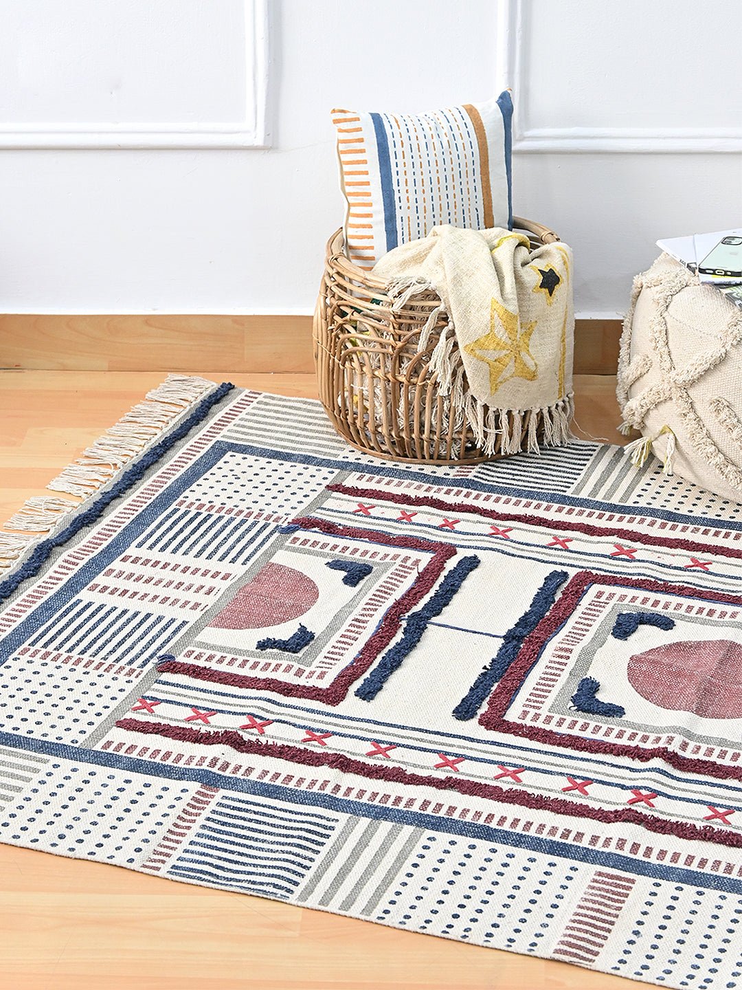 Belstaff Block-Printed Cotton Dhurrie Rug in Blue & Grey — Art Avenue